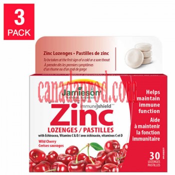 Jamieson Wild Cherry Zinc Lozenges with Echinacea, Vitamins C & D , 30-count, 3-pack