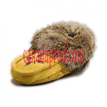 Leather Moccasin Rabbit Fur - Adult Tan Size Ladies 5