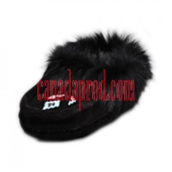 Leather Moccasin Rabbit Fur - Youth Black