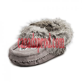 Leather Moccasin Rabbit Fur - Youth Grey