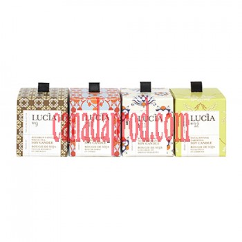 Lucia Assorted Soy Candles Set: Bourbon Vanilla & White Tea, Damask Rose & Cypress, Blue Lotus & Sicilian Orange, Eucalyptus & Gardenia 4×15h