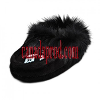Leather Moccasin Rabbit Fur - Child Black Size4-5