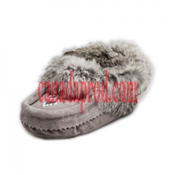 Leather Moccasin Rabbit Fur - Child Grey Size4-5